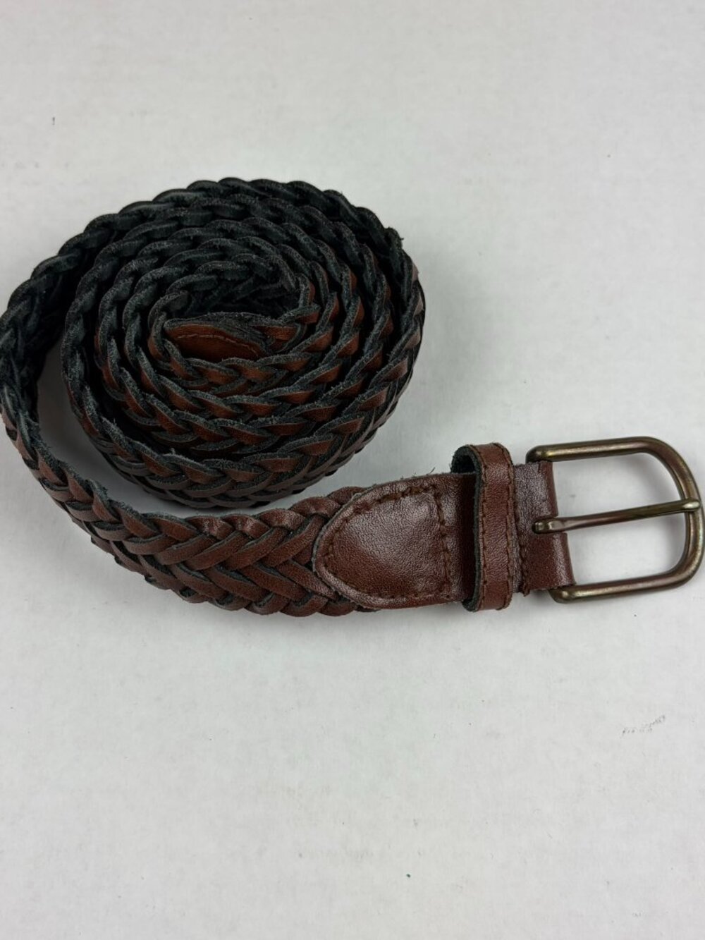 Brown leather braided belt 36" with rubbed bronze buckle